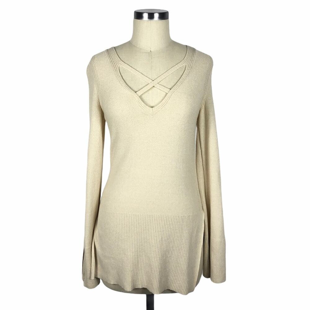 FREE PEOPLE Criss-Cross Front‎ Knit Tunic Sweater XS Cream Knit
